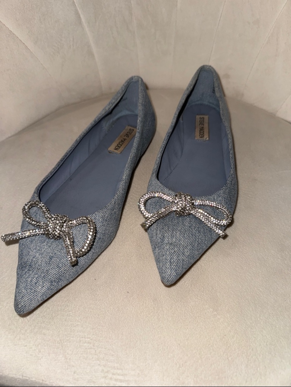 Steve Madden Light Blue Denim Pointed Ballet Flats with Crystal Bow